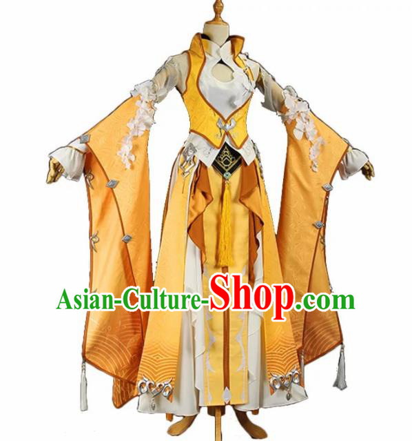 Chinese Ancient Cosplay Female General Heroine Golden Dress Traditional Hanfu Swordsman Costume for Women