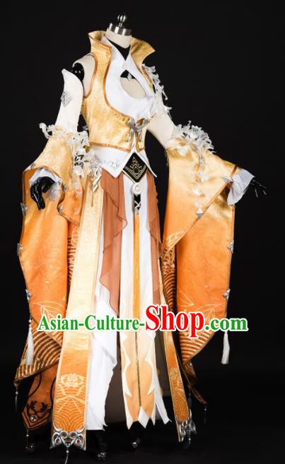 Chinese Ancient Cosplay Fairy Female Knight Heroine Yellow Dress Traditional Hanfu Princess Swordsman Costume for Women