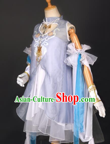 Chinese Ancient Cosplay Game Fairy Knight Light Blue Dress Traditional Hanfu Swordsman Costume for Women