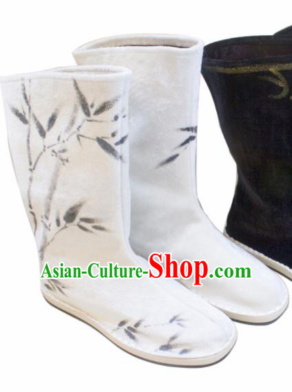 Asian Chinese Ancient Swordsman Printing Bamboo White Boots Taoist Priest Shoes Traditional Hanfu Shoes for Men