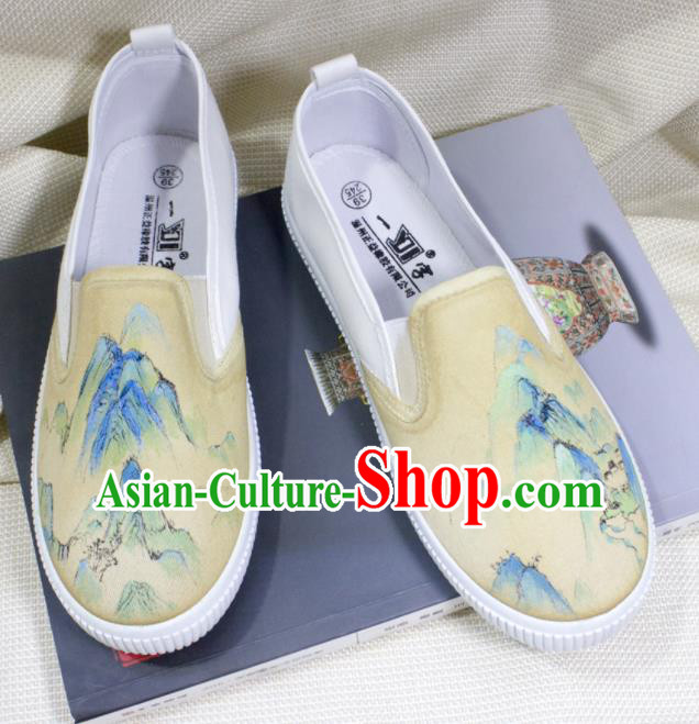 Asian Chinese Ancient Swordsman Printing Yellow Cloth Shoes Traditional Hanfu Shoes for Men