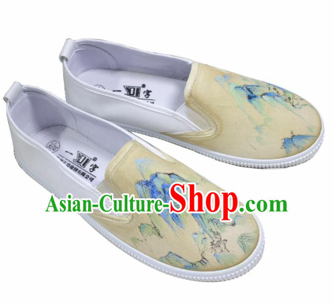 Asian Chinese Ancient Swordsman Printing Yellow Cloth Shoes Traditional Hanfu Shoes for Men