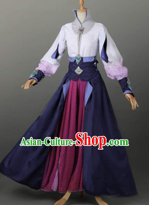 Chinese Ancient Cosplay Court Lady Navy Dress Traditional Hanfu Swordsman Costume for Women