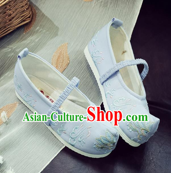 Asian Chinese Traditional Princess Hanfu Shoes National Blue Cloth Shoes Embroidered Shoes for Kids