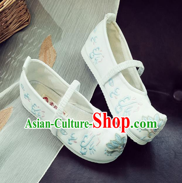 Asian Chinese Traditional Princess Hanfu Shoes National White Cloth Shoes Embroidered Shoes for Kids