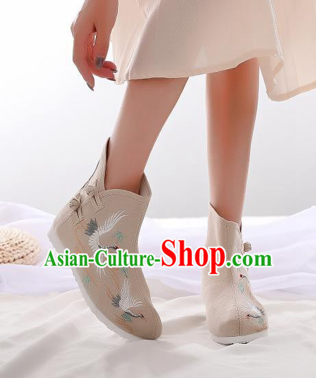 Asian Chinese Traditional Embroidered Crane Khaki Boots Hanfu Shoes National Cloth Shoes for Women