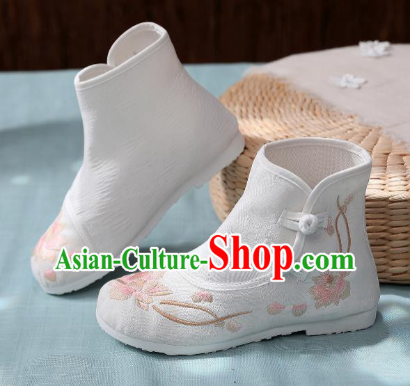 Asian Chinese Traditional Embroidered Lotus White Boots Hanfu Shoes National Cloth Shoes for Women