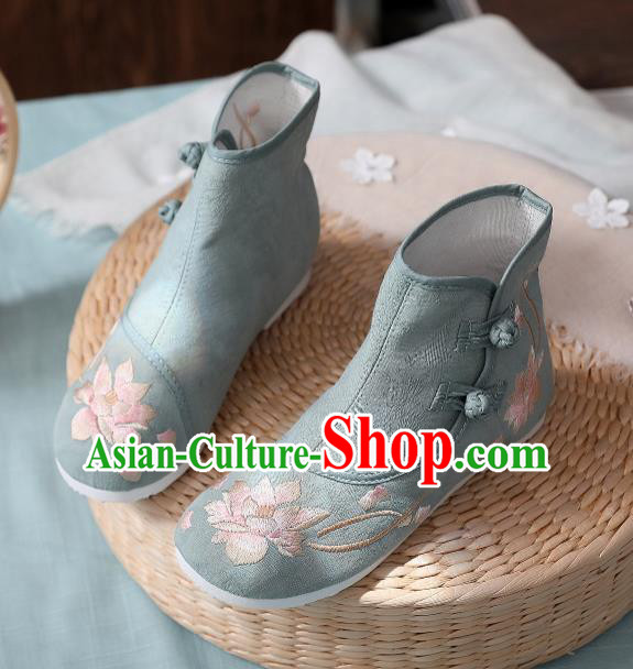 Asian Chinese Traditional Embroidered Lotus Green Boots Hanfu Shoes National Cloth Shoes for Women