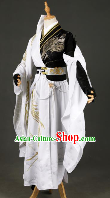 Chinese Ancient Drama Cosplay Prince White Clothing Traditional Hanfu Swordsman Costume for Men