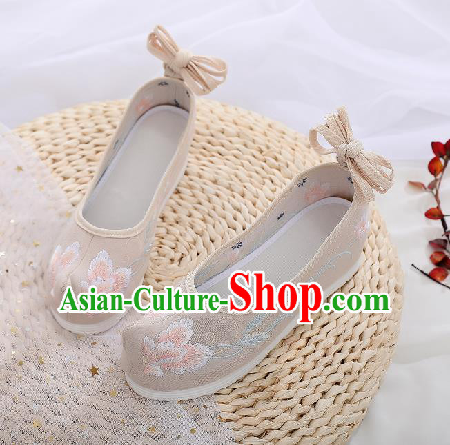 Asian Chinese Traditional Embroidered Shoes Hanfu Shoes National Khaki Cloth Shoes for Women