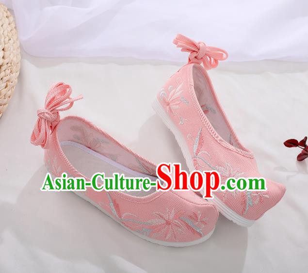Asian Chinese Traditional Embroidered Chrysanthemum Pink Shoes Hanfu Shoes National Cloth Shoes for Women