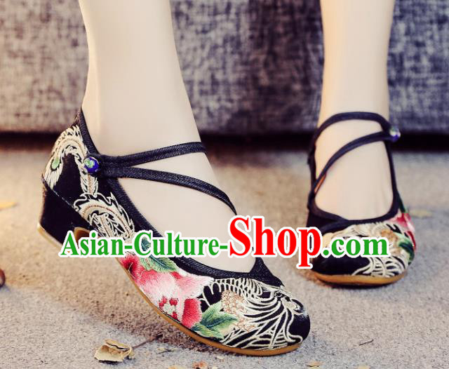 Asian Chinese Traditional Dance Embroidered Phoenix Peony Black Shoes Hanfu Wedding Shoes National Cloth Shoes for Women