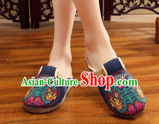 Asian Chinese Dance Navy Embroidered Shoes Traditional Hanfu Shoes National Cloth Shoes for Women