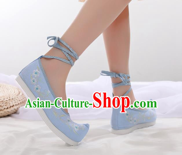 Asian Chinese Traditional Embroidered Frangipani Blue Shoes Hanfu Shoes National Cloth Shoes for Women