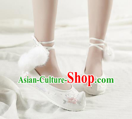 Asian Chinese Classical Dance White Embroidered Shoes Traditional Hanfu Melaleuca End Shoes National Cloth Shoes for Women