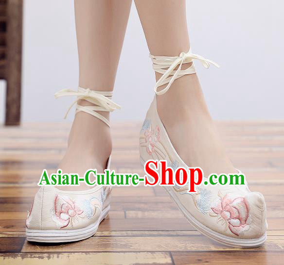 Asian Chinese National Beige Embroidered Peony Shoes Dance Cloth Shoes Traditional Hanfu Shoes for Women