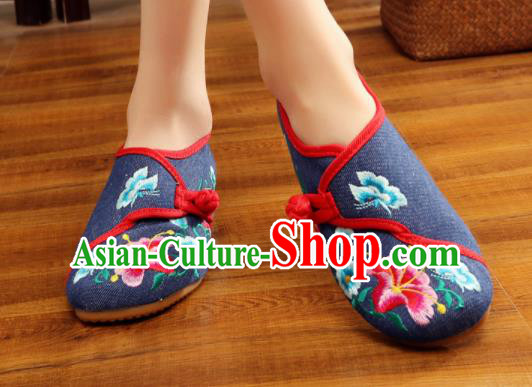 Asian Chinese National Embroidered Petunia Navy Shoes Dance Cloth Shoes Traditional Hanfu Shoes for Women
