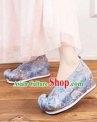 Asian Chinese Traditional Blue Satin Shoes Ancient Princess Wedding Shoes Hanfu Shoes for Women