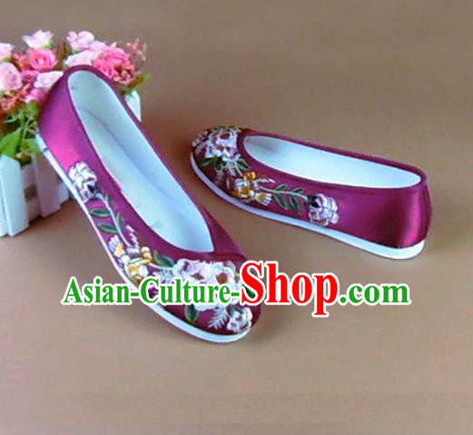 Asian Chinese National Embroidered Peony Purple Shoes Ancient Princess Satin Shoes Traditional Hanfu Shoes for Women