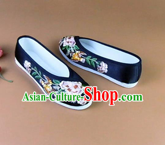 Asian Chinese National Embroidered Peony Black Shoes Ancient Princess Satin Shoes Traditional Hanfu Shoes for Women