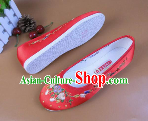 Asian Chinese National Embroidered Flowers Red Shoes Ancient Princess Satin Shoes Traditional Hanfu Shoes for Women