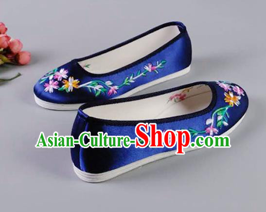 Asian Chinese National Royalblue Satin Shoes Ancient Princess Embroidered Shoes Traditional Hanfu Shoes for Women