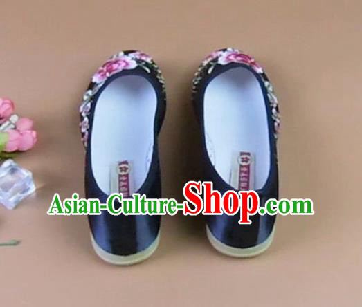 Asian Chinese National Black Embroidered Peony Shoes Ancient Princess Satin Shoes Traditional Hanfu Shoes for Women