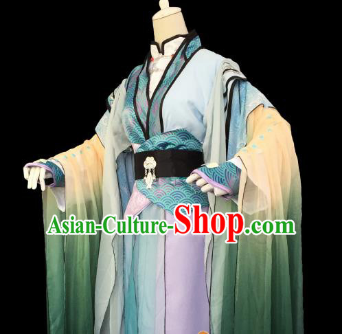 Custom Chinese Ancient Cosplay Taoist Priest Green Clothing Traditional Swordsman Dragon Prince Costume for Men