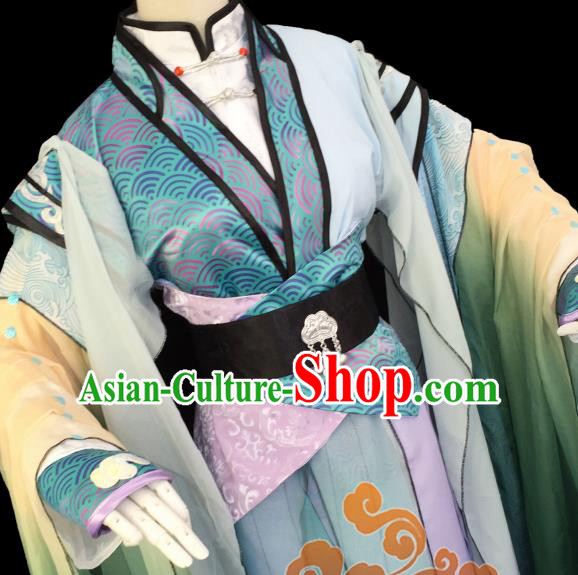 Custom Chinese Ancient Cosplay Taoist Priest Green Clothing Traditional Swordsman Dragon Prince Costume for Men