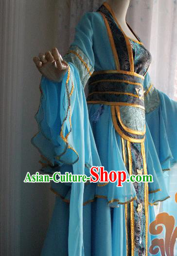Traditional Chinese Cosplay Fairy Court Maid Blue Dress Ancient Swordswoman Costume for Women