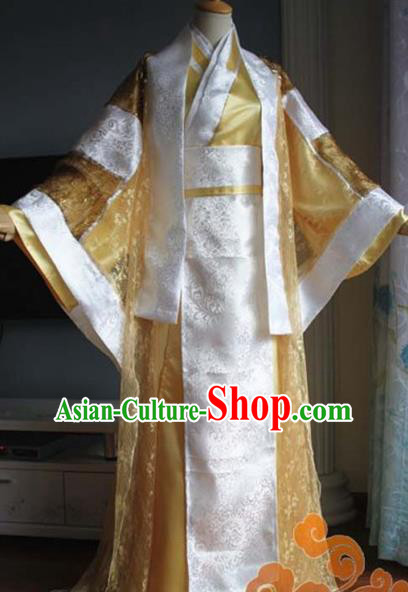 Custom Chinese Ancient Crown Prince Golden Clothing Traditional Cosplay Emperor Swordsman Costume for Men