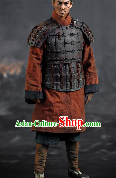 Chinese Ancient Soldier Armor and Helmet Traditional Qin Dynasty Military Officer Costumes Complete Set for Men
