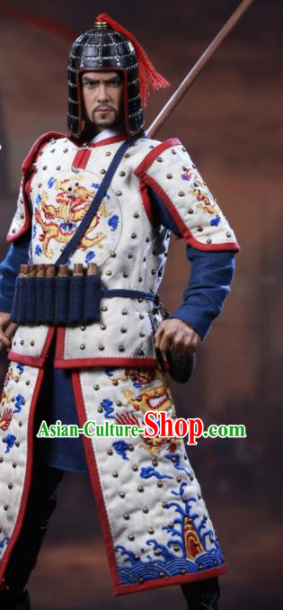 Chinese Ancient Cosplay Manchu General White Armor and Helmet Traditional Qing Dynasty Military Officer Costumes Complete Set for Men