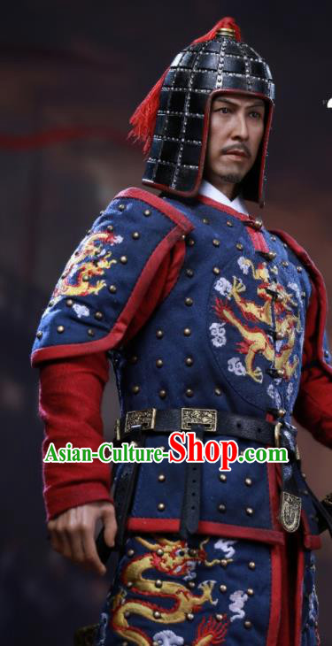 Chinese Ancient Cosplay Manchu General Navy Armor and Helmet Traditional Qing Dynasty Military Officer Costumes Complete Set for Men