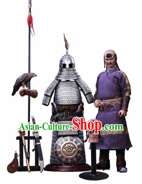 Chinese Ancient Cosplay General Argent Armor and Helmet Traditional Yuan Dynasty Military Officer Costumes Complete Set for Men