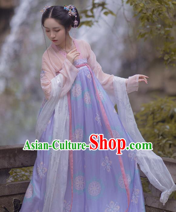 Chinese Ancient Tang Dynasty Palace Lady Lilac Hanfu Dress Traditional Court Maid Costumes for Women