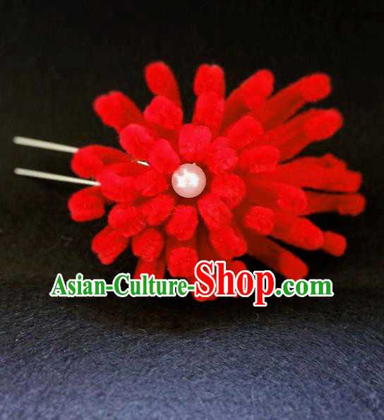 Chinese Ancient Qing Dynasty Court Red Velvet Chrysanthemum Hairpins Traditional Hanfu Handmade Hair Accessories for Women