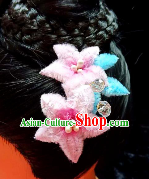 Chinese Ancient Qing Dynasty Court Pink Velvet Peach Flowers Hairpins Traditional Hanfu Handmade Hair Accessories for Women