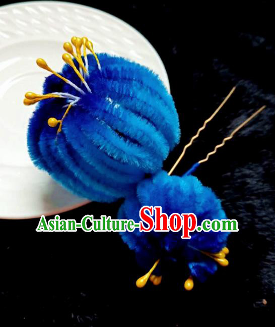 Chinese Ancient Qing Dynasty Court Royalblue Velvet Chrysanthemum Hairpins Traditional Hanfu Handmade Hair Accessories for Women