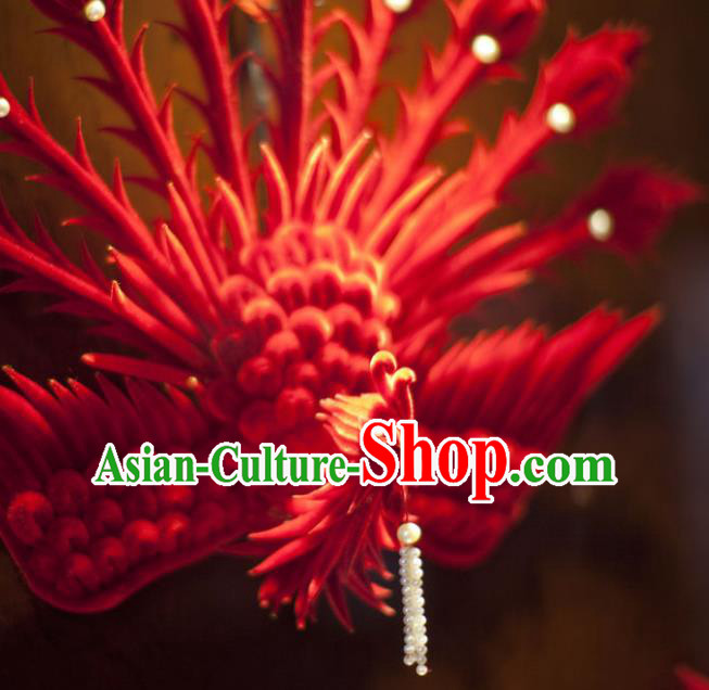 Handmade Chinese Ancient Qing Dynasty Red Velvet Phoenix Hairpins Traditional Court Hanfu Hair Accessories for Women