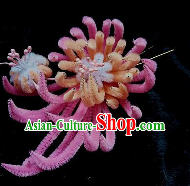 Chinese Handmade Qing Dynasty Pink Velvet Chrysanthemum Hairpins Traditional Ancient Court Hanfu Hair Accessories for Women