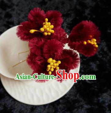 Chinese Handmade Qing Dynasty Court Wine Red Velvet Plum Hairpins Traditional Ancient Hanfu Hair Accessories for Women