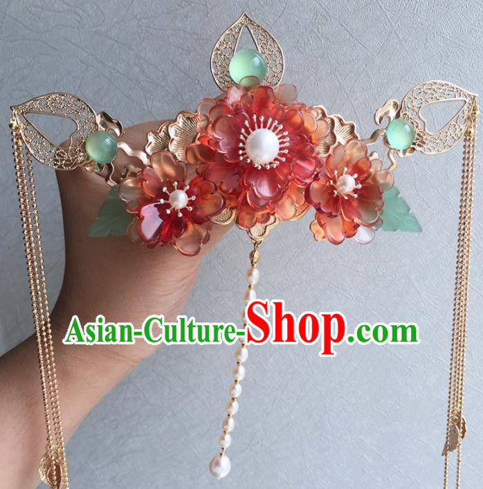 Chinese Handmade Ancient Red Peony Hair Crown Hairpins Traditional Hanfu Hair Accessories for Women