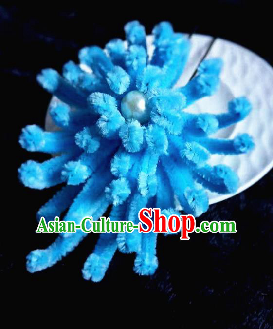 Chinese Ancient Qing Dynasty Court Blue Velvet Chrysanthemum Hairpins Traditional Hanfu Handmade Hair Accessories for Women