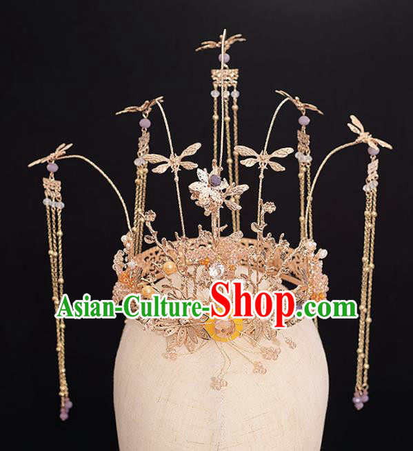 Chinese Ancient Bride Golden Dragonfly Phoenix Coronet Tassel Hairpins Traditional Hanfu Wedding Hair Accessories for Women