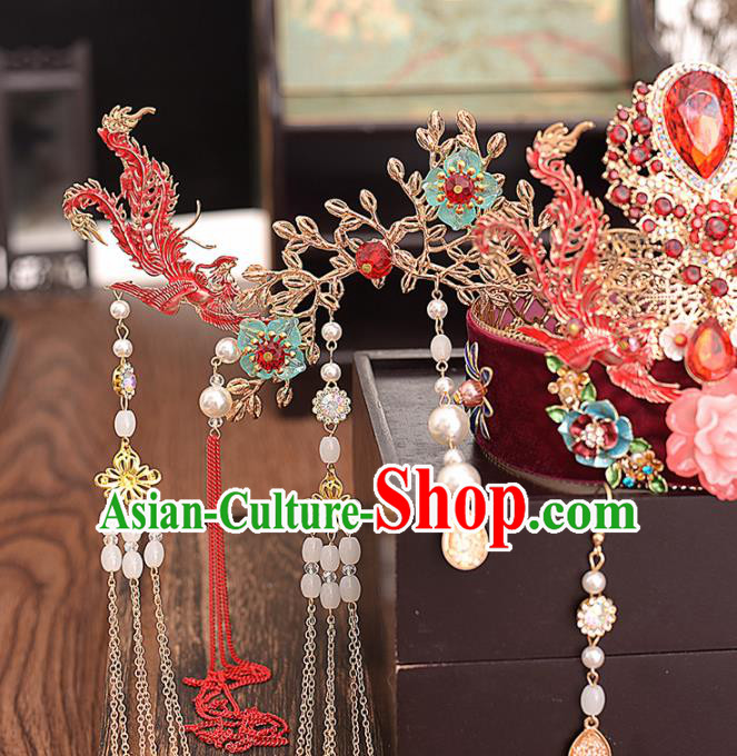 Chinese Ancient Bride Red Phoenix Coronet Hairpins Traditional Hanfu Wedding Hair Accessories for Women