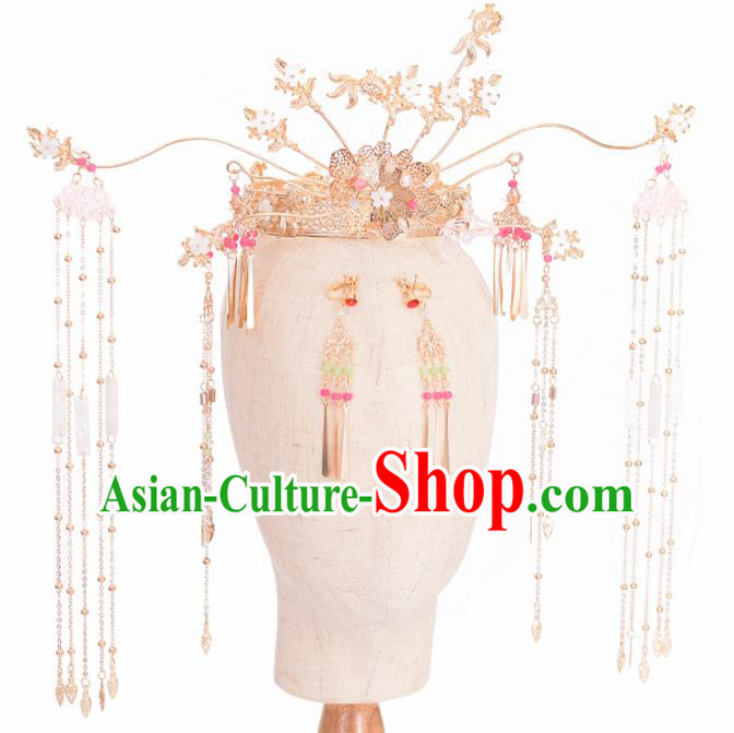 Chinese Ancient Bride Goldfish Tassel Phoenix Coronet Hairpins Traditional Hanfu Wedding Hair Accessories for Women