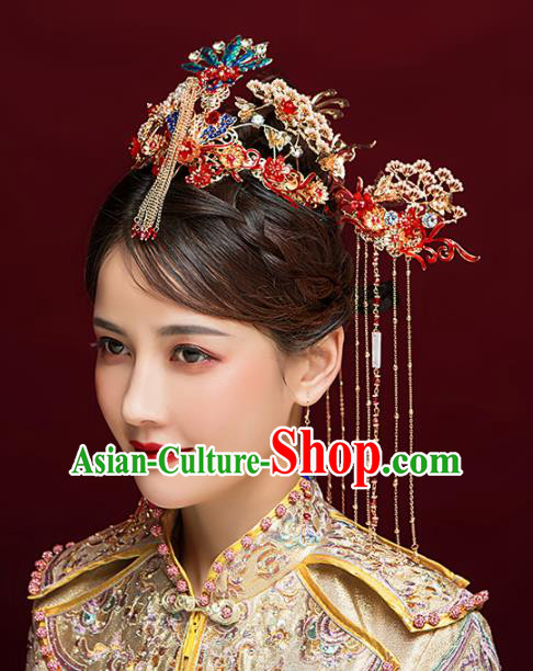 Chinese Ancient Bride Cloisonne Phoenix Coronet Hairpins Traditional Hanfu Wedding Hair Accessories for Women
