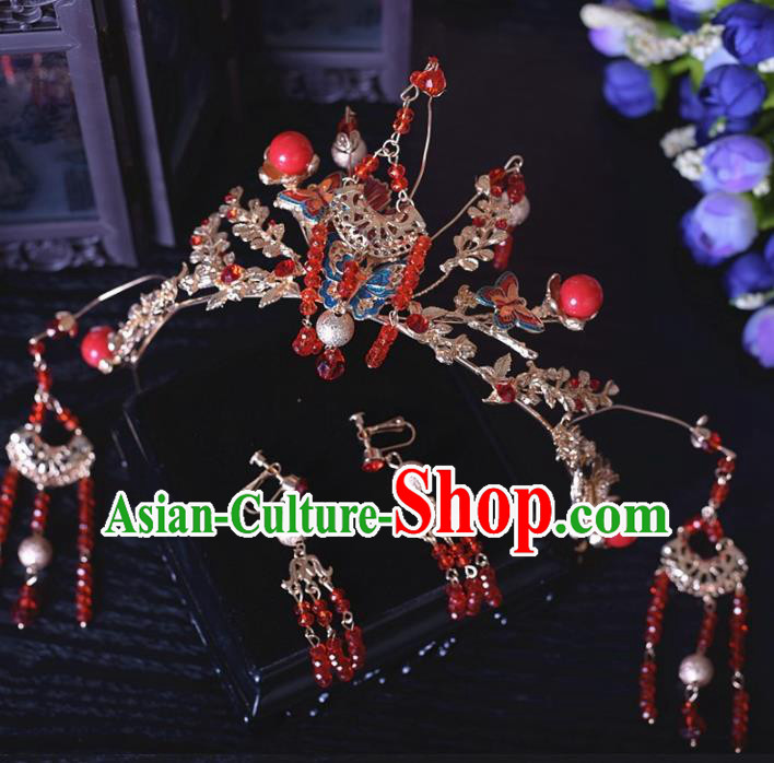 Chinese Ancient Bride Red Phoenix Coronet Hairpins Traditional Hanfu Wedding Hair Accessories for Women