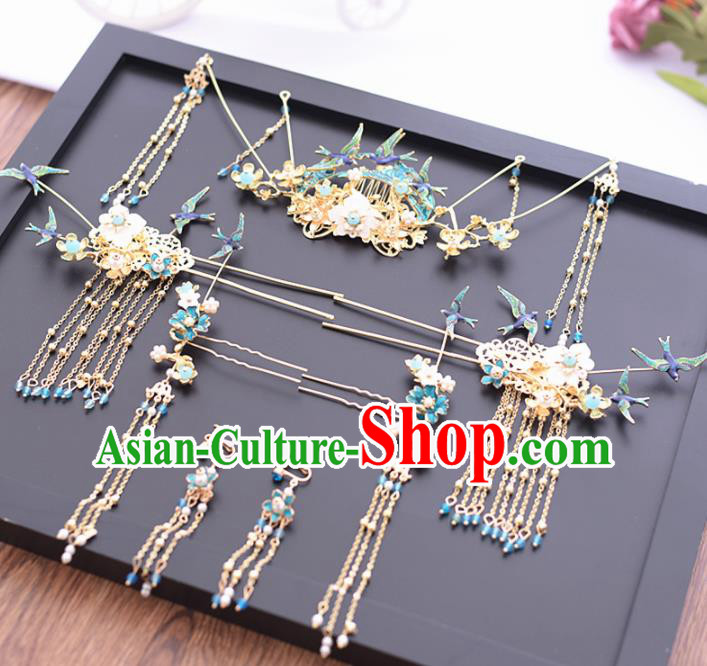Chinese Ancient Bride Blue Birds Hair Comb Tassel Hairpins Traditional Hanfu Wedding Hair Accessories for Women